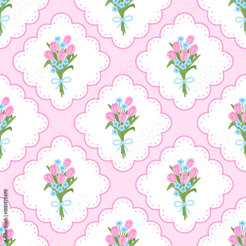 Preppy coquette seamless pattern with blue bow, tulips flowers, lace napkin. Floral spring damask background. Spring or summer season