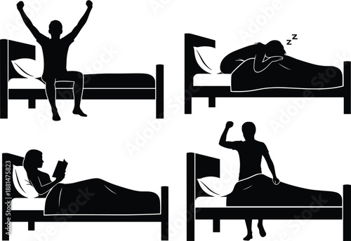 People in bed silhouettes set showing sleeping waking stretching and reading poses isolated on white background representing daily routine healthy sleep lifestyle and home comfort concept