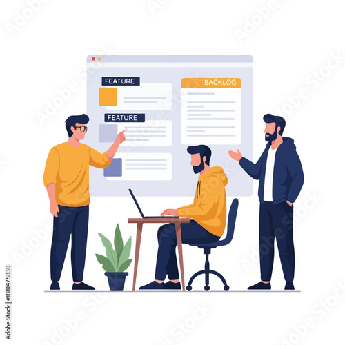Three men discuss features and backlog