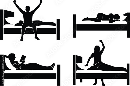 People in bed silhouettes set showing sleeping waking reading and stretching poses isolated on white background representing daily routine lifestyle rest relaxation and healthy sleep concept