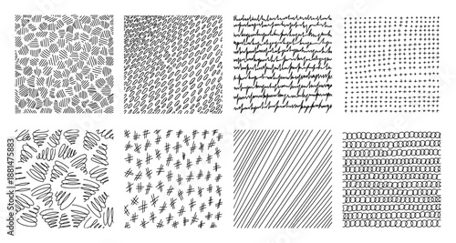 Pencil drawn crosshatch pattern collection with scribble techniques set. Textured line work creates shading depth. Ideal for hand-sketched background and artistic pencil illustration.