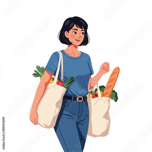 A woman carrying bags of fresh vegetables and bread