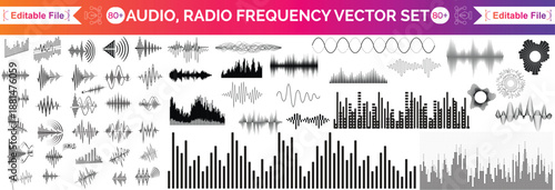 Sound waves collection. Analog and digital audio signal. Music equalizer. Interference voice recording. High frequency radio wave. Vector illustration.