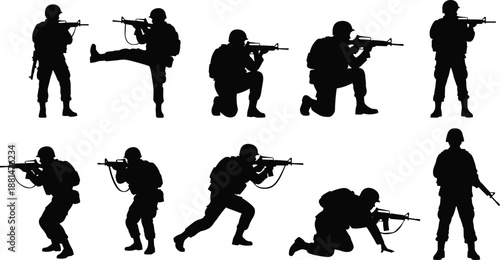 Soldier silhouettes set in multiple combat action poses with rifles isolated on white background representing military operations tactical training armed forces and warfare concept