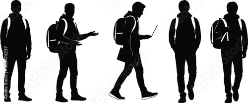 Young student silhouettes walking standing and using laptop with backpack isolated on white background representing education lifestyle youth technology and modern daily activities concept