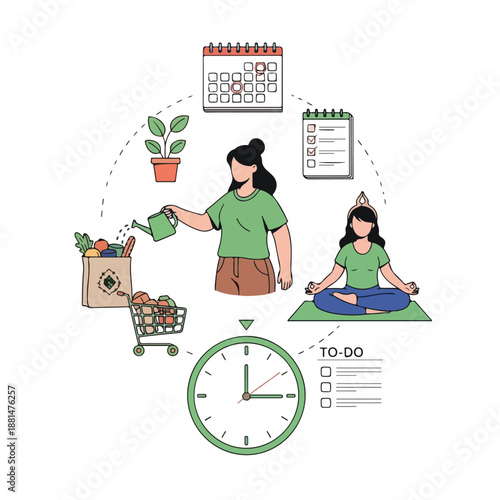 A woman manages daily tasks and meditation