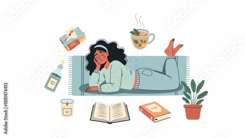 A woman relaxes on a couch surrounded by books and a cup of tea
