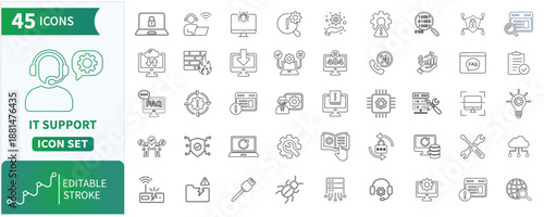 IT Support vector line Icons Set – Technical Support, Troubleshooting, Cloud Computing, Installation and Error Management and more. Editable stroke. Vector illustration