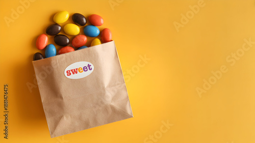 Colorful candy spills from a brown paper bag with a 'sweet' label on a bright yellow background.