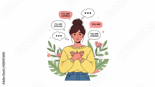 A woman with encouraging thoughts and flowers