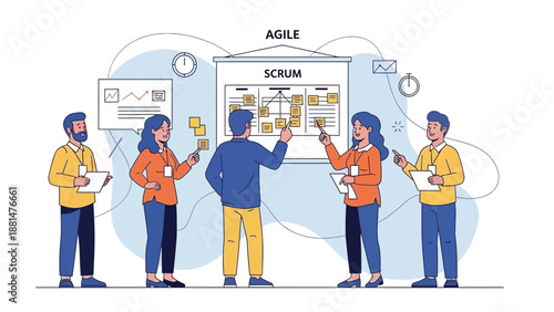 Agile Scrum Team Meeting: Planning and Collaboration in Modern Office