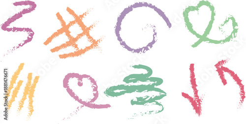 A collection of hand-drawn pastel scribbles, including hearts, arrows, spirals, and abstract textures with a crayon or chalk-like rough edge finish.