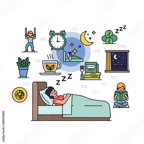 A woman sleeps peacefully amidst symbols of daily life