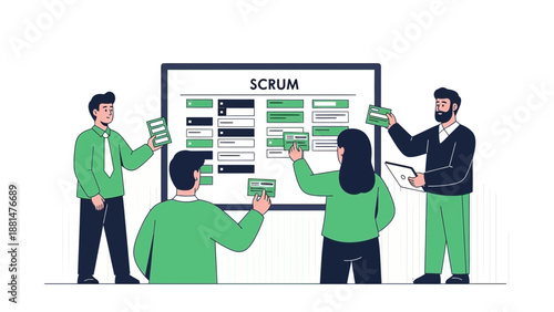 Agile Scrum Team Planning Project Tasks on Whiteboard