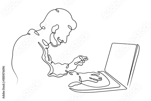 Continuous single line drawing A young man at a laptop. A programmer works online at a laptop.  Linear.One continuous line isolated minimalist illustration. Not AI.