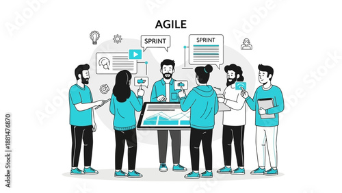 Agile team collaborating on project, sprint planning and teamwork for business growth