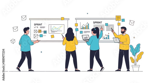 Agile team planning sprint in modern office with whiteboards and sticky notes