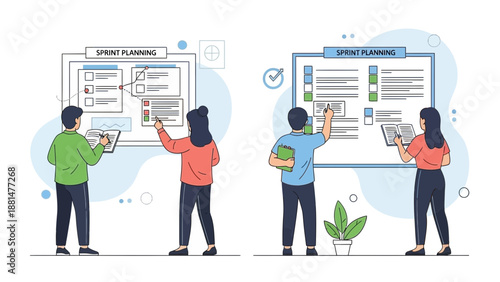 Agile team planning sprint tasks on whiteboard, collaboration and teamwork