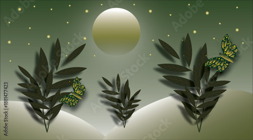 Mystical moonlit garden with butterflies and tropical leaves.