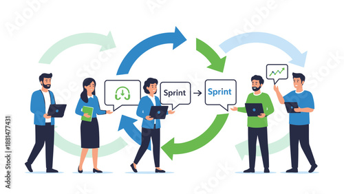 Agile workflow diagram with team working on sprints and tasks, business concept.