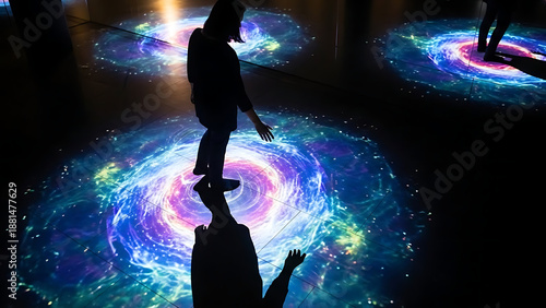 Silhouette of a person standing on a floor with projected swirling galaxy patterns interactive light art installation exploring cosmos and space themes
