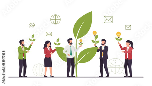 Business Growth Concept: People Cultivating Idea Plant with Lightbulbs and Globe Icons