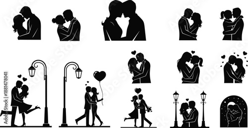 Romantic couple silhouettes collection showing love moments, kissing hugging scenes, valentine relationship illustrations, black and white vector set