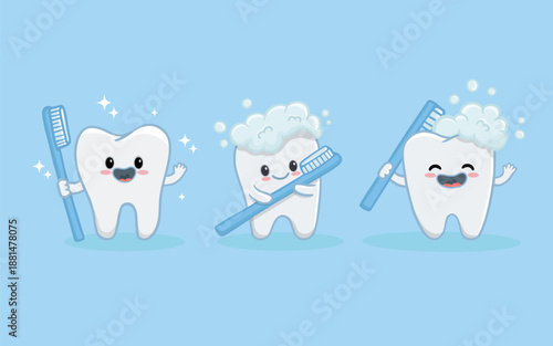 set of cute cartoon teeth on a blue background. Teeth cleaning icon. Funny tooth with toothbrush. Dentistry concept of oral hygiene, dental care for kids. Vector illustration 