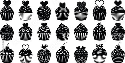 Black cupcake silhouette set with heart toppings, dessert icons collection, sweet bakery vector illustration isolated on white background romantic design.