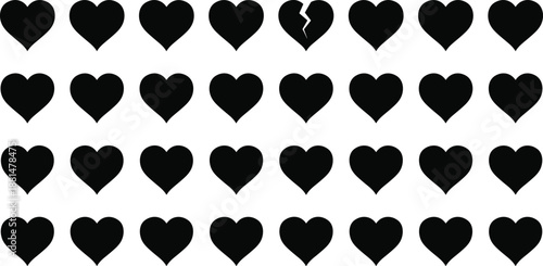 Black heart silhouette pattern with one broken heart symbol, minimal love loss concept, valentine design isolated background, white modern illustration.
