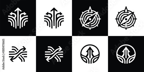 Vector Set of 4 Black and White of Abstract Strategy, Growth, and Directional Arrows Logos
