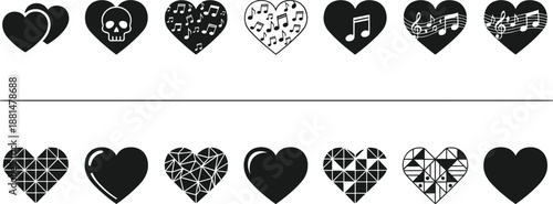 Black heart icon collection with music notes skull and geometric patterns, minimalist love symbols, vector illustration set isolated, on white.