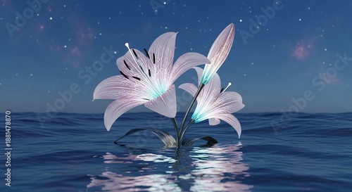 Glowing lilies floating on serene ocean water under starry night sky