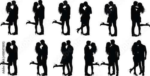 Romantic Couple Silhouettes Set, Man and Woman Kissing, Hugging, Standing and Lifting Leg, Love Relationship Concept Clipart Illustrations for Valentines Day