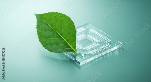 Green leaf on microchip for eco friendly technology innovation