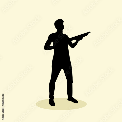 Silhouette of a man holding shotgun concept design. Icon of people hold a gun machine with hand and stand looks the target. Vector illustration.