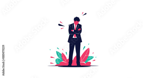 Sad businessman in a dark suit standing with crossed arms and looking down surrounded by abstract red and green shapes.