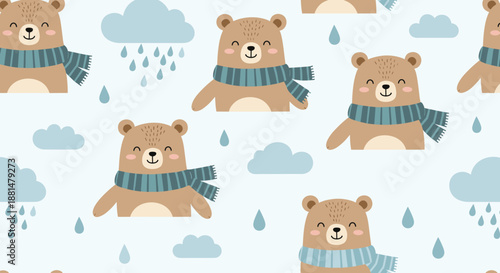 Seamless pattern for kids featuring cute brown bears wearing blue scarves with grey clouds and blue raindrops on a light background.