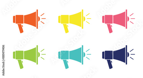Collection of six minimalist megaphone icons in different vibrant colors including orange, yellow, pink, green, teal, and navy blue.