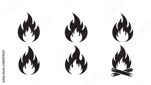 Set of six different stylized fire and campfire icons isolated