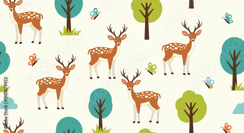 Adorable seamless pattern showing brown deer with white spots, green trees, colorful butterflies, and clouds on a cream background.