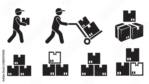 Two workers moving office boxes with hand truck isolated on transparent background
