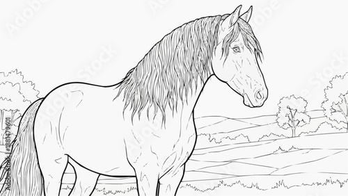 Children's coloring book - Horse illustration in natural landscape with mountains and trees  