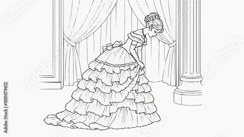 Children's coloring book - An elegant woman in an exquisite dress bows to the queen near the curtains and columns 