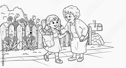 Children's coloring book - An elderly woman thanks a girl for her help