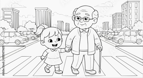 Children's coloring book - Grandfather and young girl crossing street while holding hands  