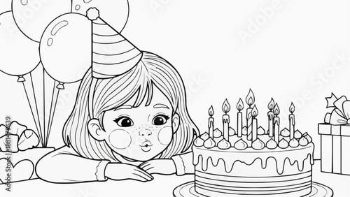Children's coloring book - A girl in a festive hat blows out candles on a cake
