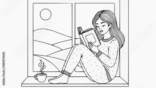 Children's coloring book - Young woman reading book while sitting by window with coffee  
