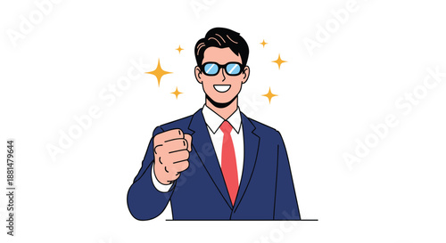 Confident businessman wearing blue sunglasses and pumping his fist in a successful gesture with bright stars around him.
