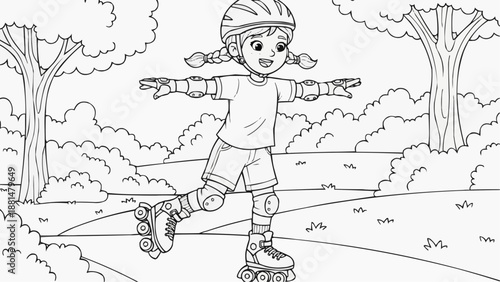 Children's coloring book - A girl rides roller skates with her arms outstretched on the street, with trees and a path in the background